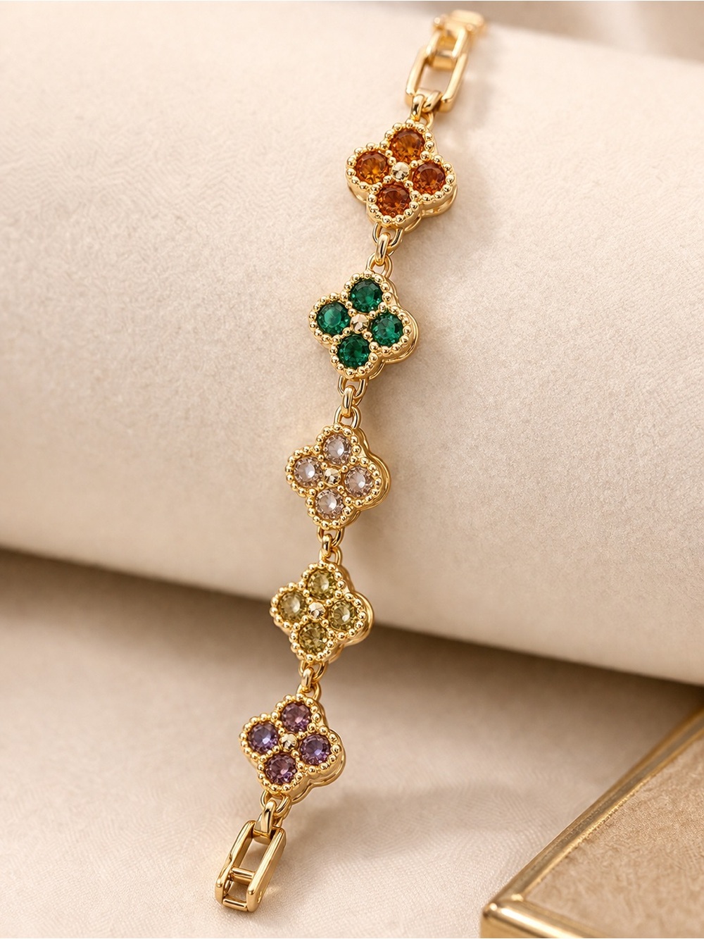 Gold Multi-Stone Floral Bracelet - Pink, Green, Purple, Red Accents